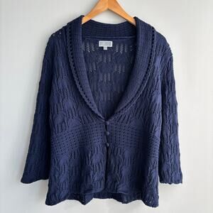 JM Collection Blue Knit Cardigan Three Button Flowy 3/4 Sleeves Size Medium